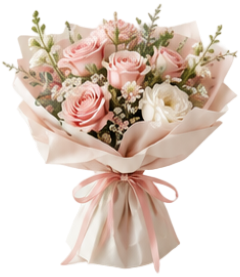 Custom pink and white rose bouquet wrapped in beige paper with satin ribbon