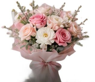 Pink and white birthday bouquet with ribbon