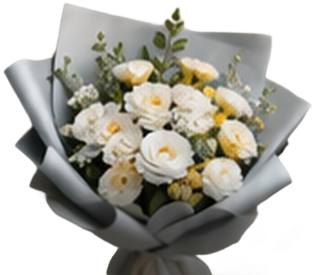 White and yellow graduation bouquet wrapped in grey paper
