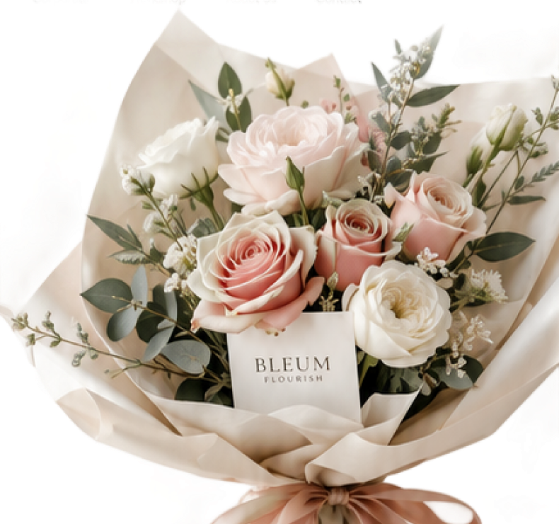 Pink and cream rose bouquet wrapped in beige paper with a BLEUM Flourish card, tied with a satin ribbon
